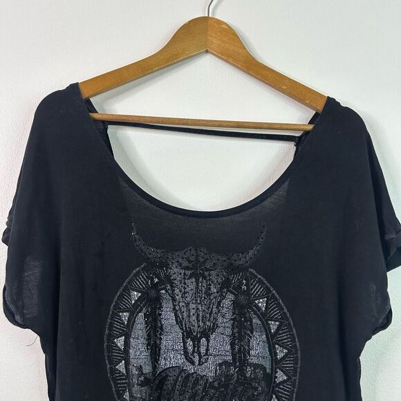 Affliction Womens Black Graphic Tee Size M‎ Bull Skull Studded Boho Western - Picture 2 of 11